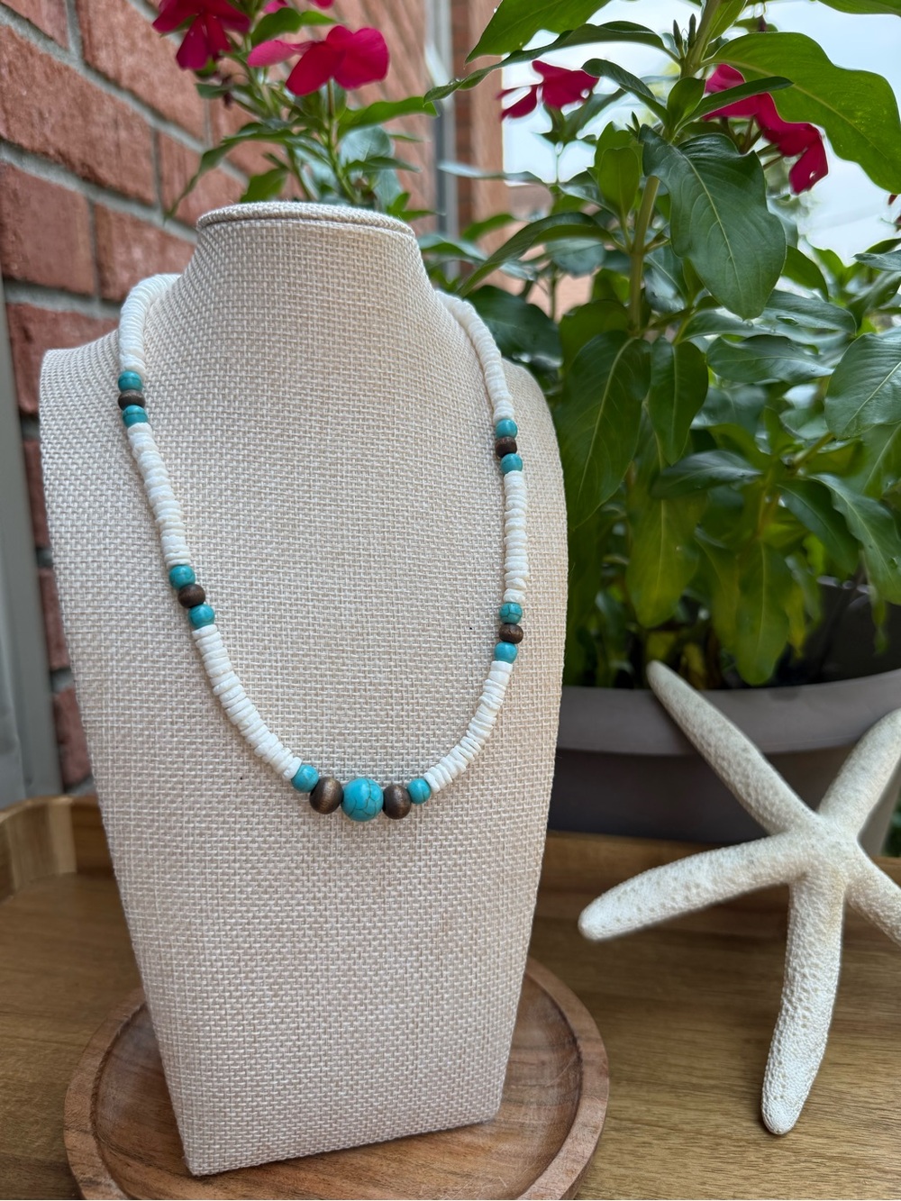 White Puka Shell & Turquoise Bead Surfer Necklace – 18” with Stainless Steel